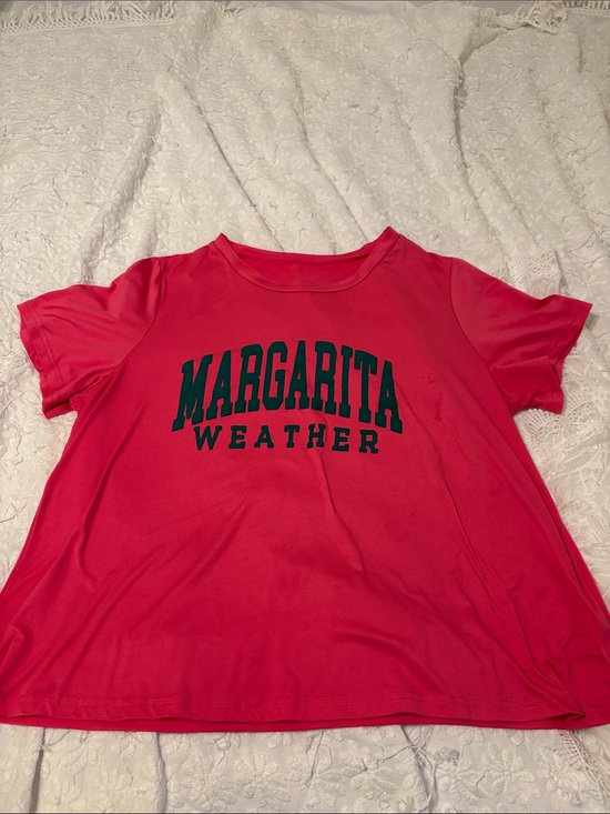 SHEIN Tops - SHEIN Pink Short Sleeve Tee with Green 'MARGARITA WEATHER' Print